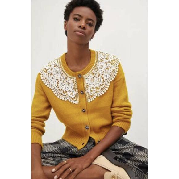 Maeve Sweaters - Anthropologie Maeve Cardigan Sweater Size XL Lace Flower Buttons Gold